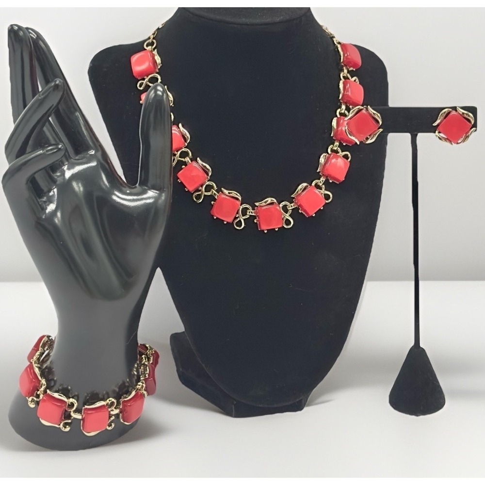 Vintage Red Thermoset Necklace Bracelet Earrings Set Gold Tone Mid Century